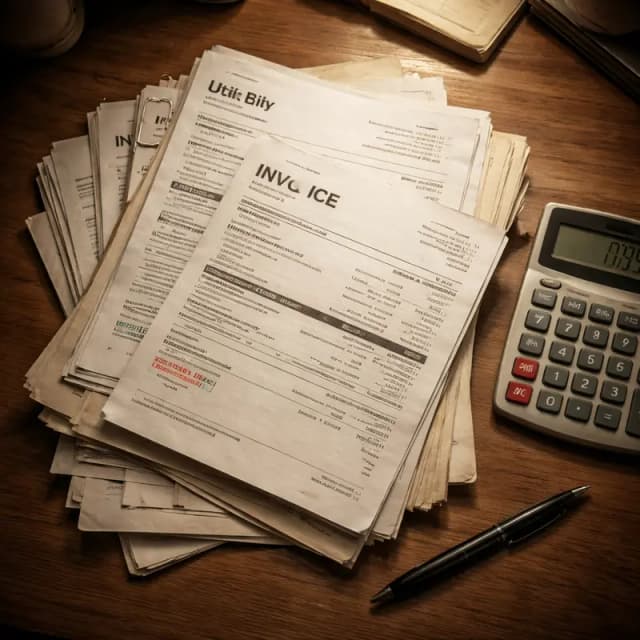 Stack of expensive web agency invoices and bills on desk