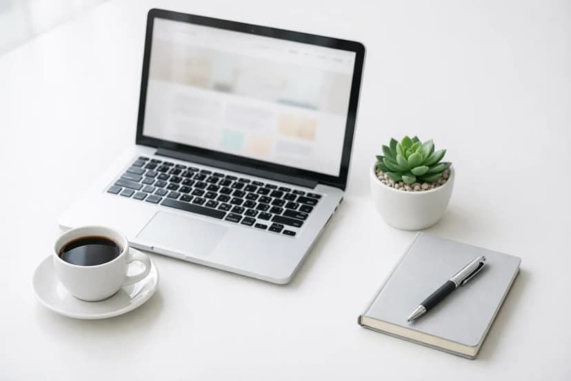 Professional web design workspace with laptop and notebook